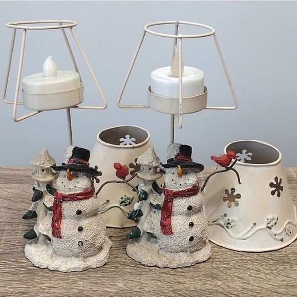 VTG Set of 2 Christmas Ceramic Snowman Metal Shade Tealight Holders - Picture 7 of 16